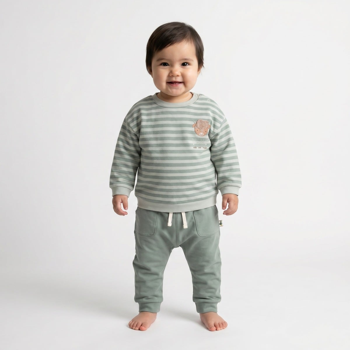 Baby Unisex Sage Green And Cream Cotton Blend Striped Highland Cow Embroidered Sweater Regular Fit Casual Wear