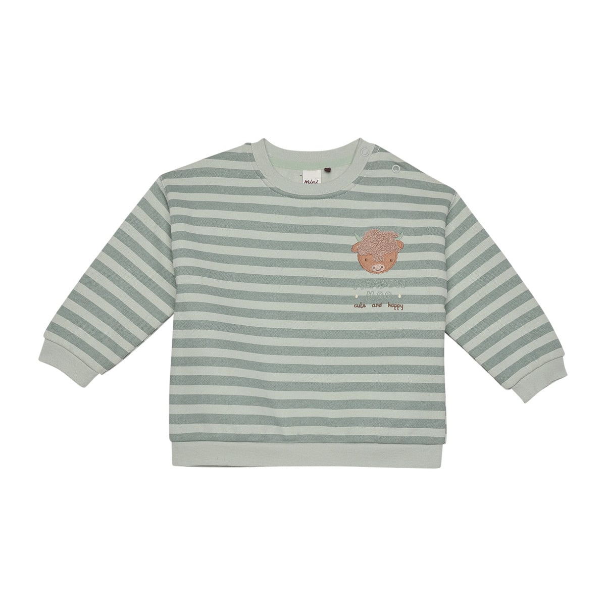 Baby Unisex Sage Green And Cream Cotton Blend Striped Highland Cow Embroidered Sweater Regular Fit Casual Wear