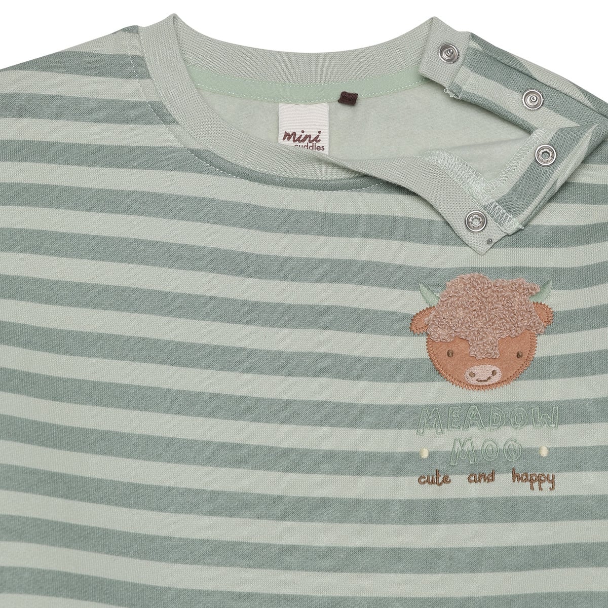 Baby Unisex Sage Green And Cream Cotton Blend Striped Highland Cow Embroidered Sweater Regular Fit Casual Wear