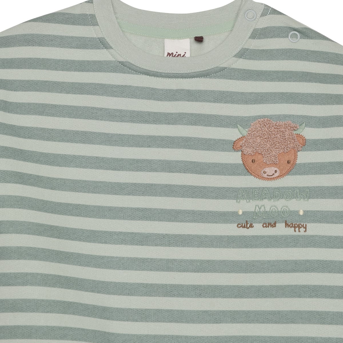 Baby Unisex Sage Green And Cream Cotton Blend Striped Highland Cow Embroidered Sweater Regular Fit Casual Wear