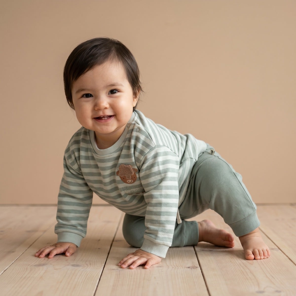 Baby Unisex Sage Green And Cream Cotton Blend Striped Highland Cow Embroidered Sweater Regular Fit Casual Wear