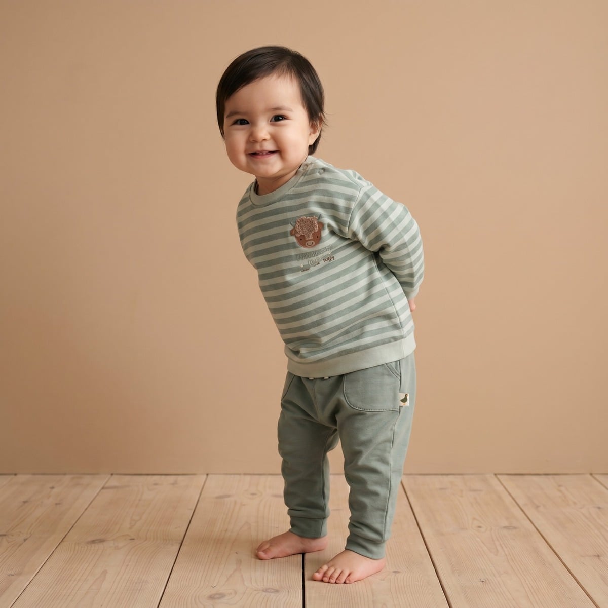 Baby Unisex Sage Green And Cream Cotton Blend Striped Highland Cow Embroidered Sweater Regular Fit Casual Wear
