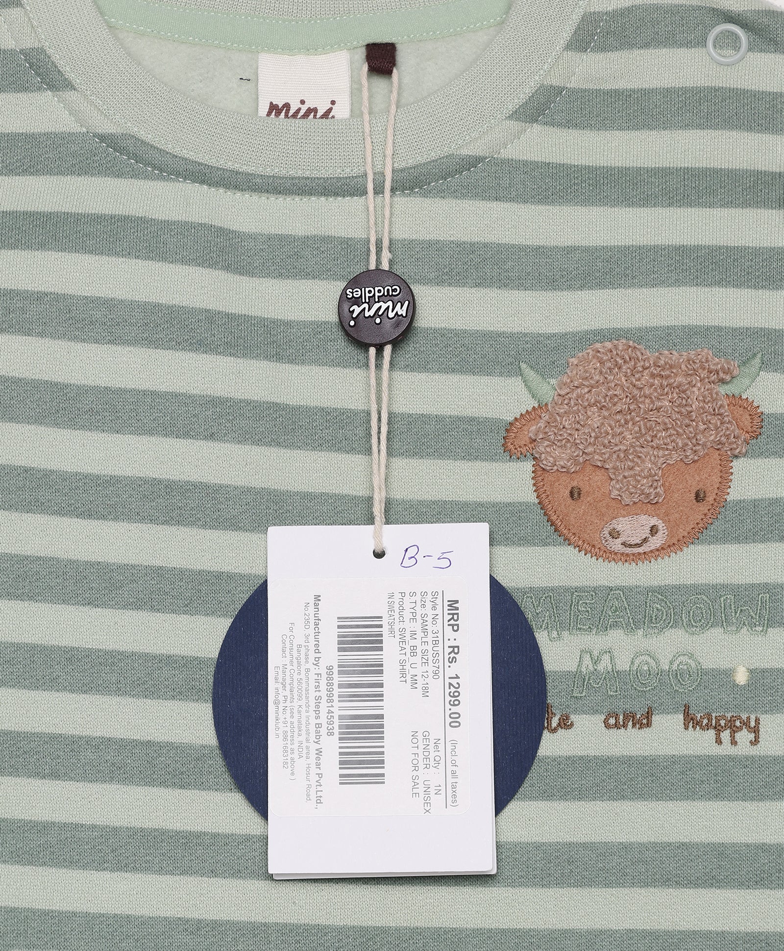 Baby Unisex Sage Green And Cream Cotton Blend Striped Highland Cow Embroidered Sweater Regular Fit Casual Wear