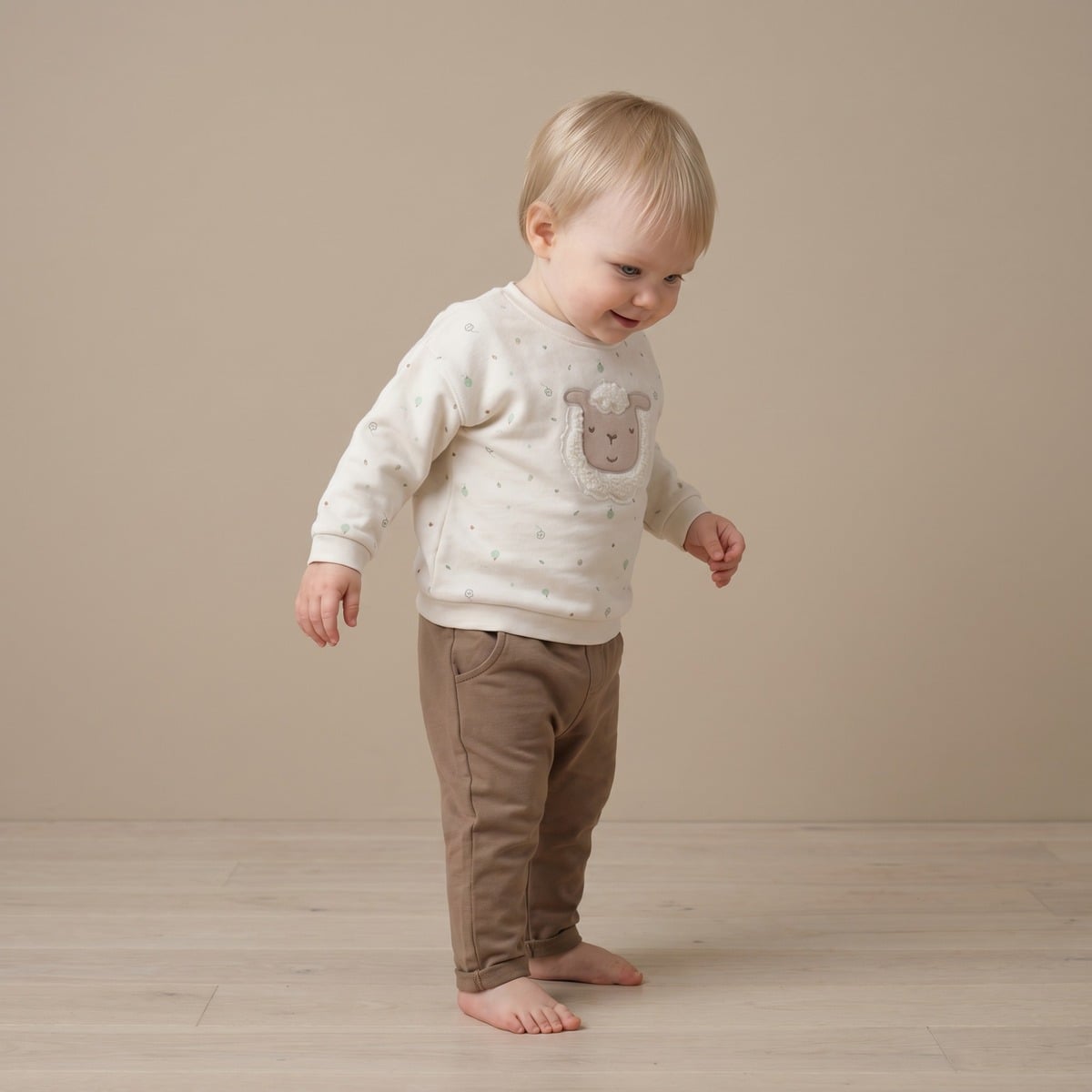 Baby Unisex Cream Cotton Nature Printed Sheep Applique Sweater Regular Fit Casual Wear