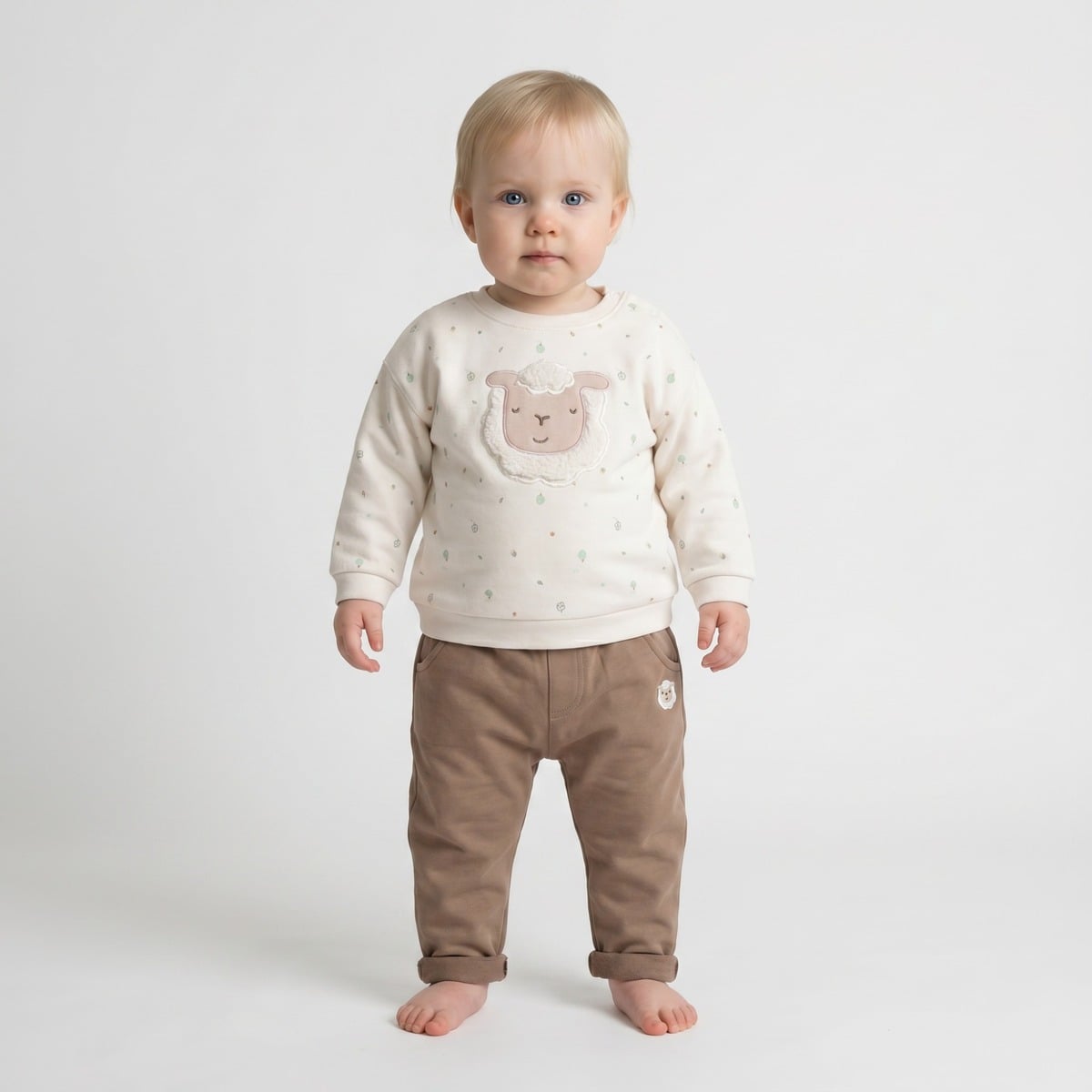 Baby Unisex Cream Cotton Nature Printed Sheep Applique Sweater Regular Fit Casual Wear