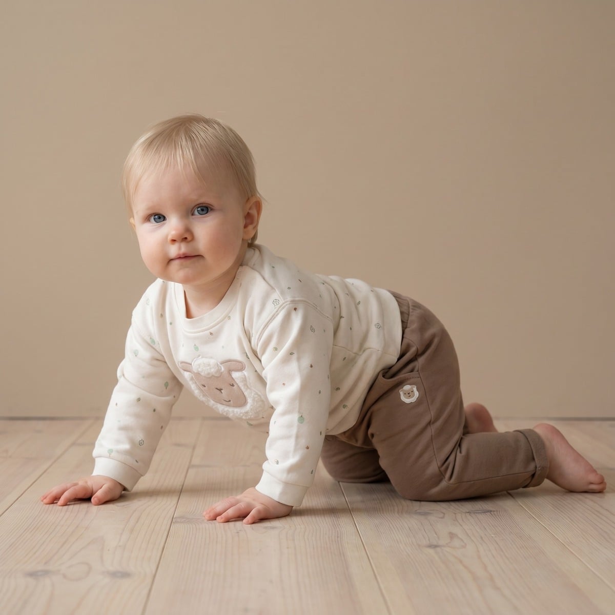 Baby Unisex Cream Cotton Nature Printed Sheep Applique Sweater Regular Fit Casual Wear