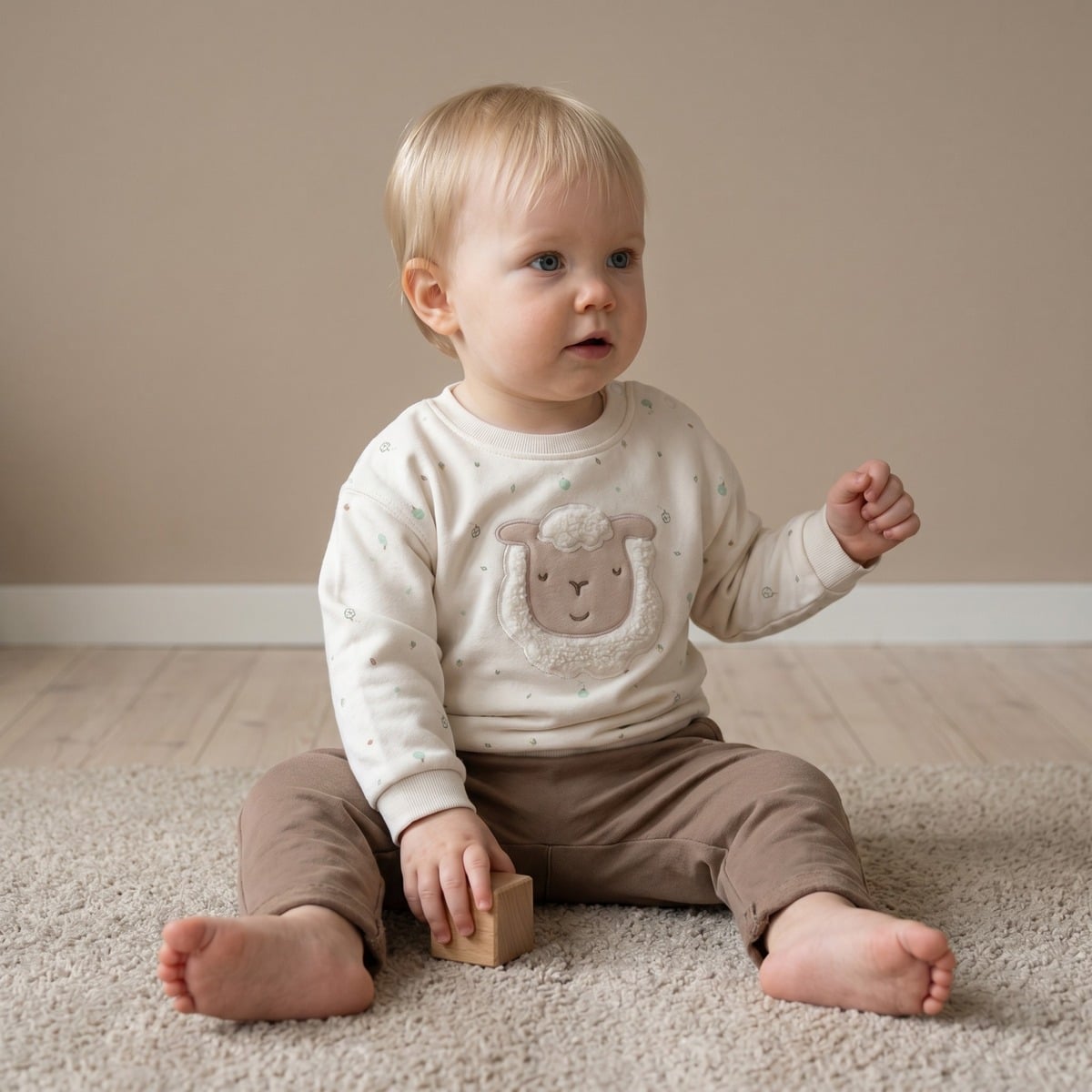Baby Unisex Cream Cotton Nature Printed Sheep Applique Sweater Regular Fit Casual Wear
