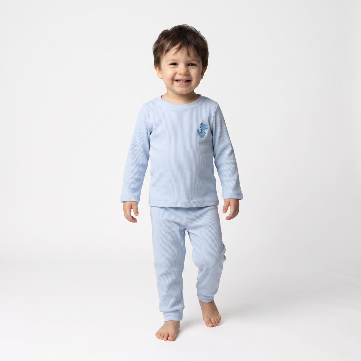 Baby Boys Light Blue Cotton Dinosaur Print Top and Bottom Set Regular Fit Casual Kidswear