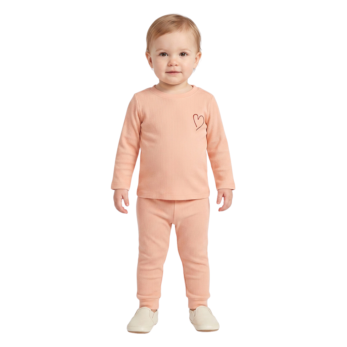 Unisex Baby Peach Cotton Heart Print Top and Bottom Set Casual