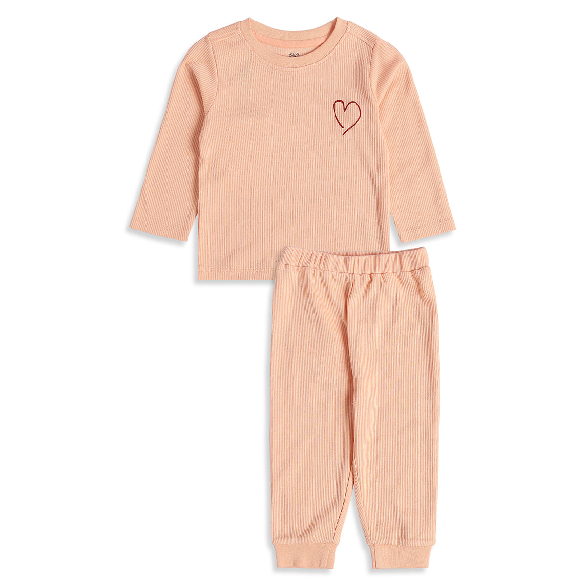 Unisex Baby Peach Cotton Heart Print Top and Bottom Set Regular Fit Casual Kidswear