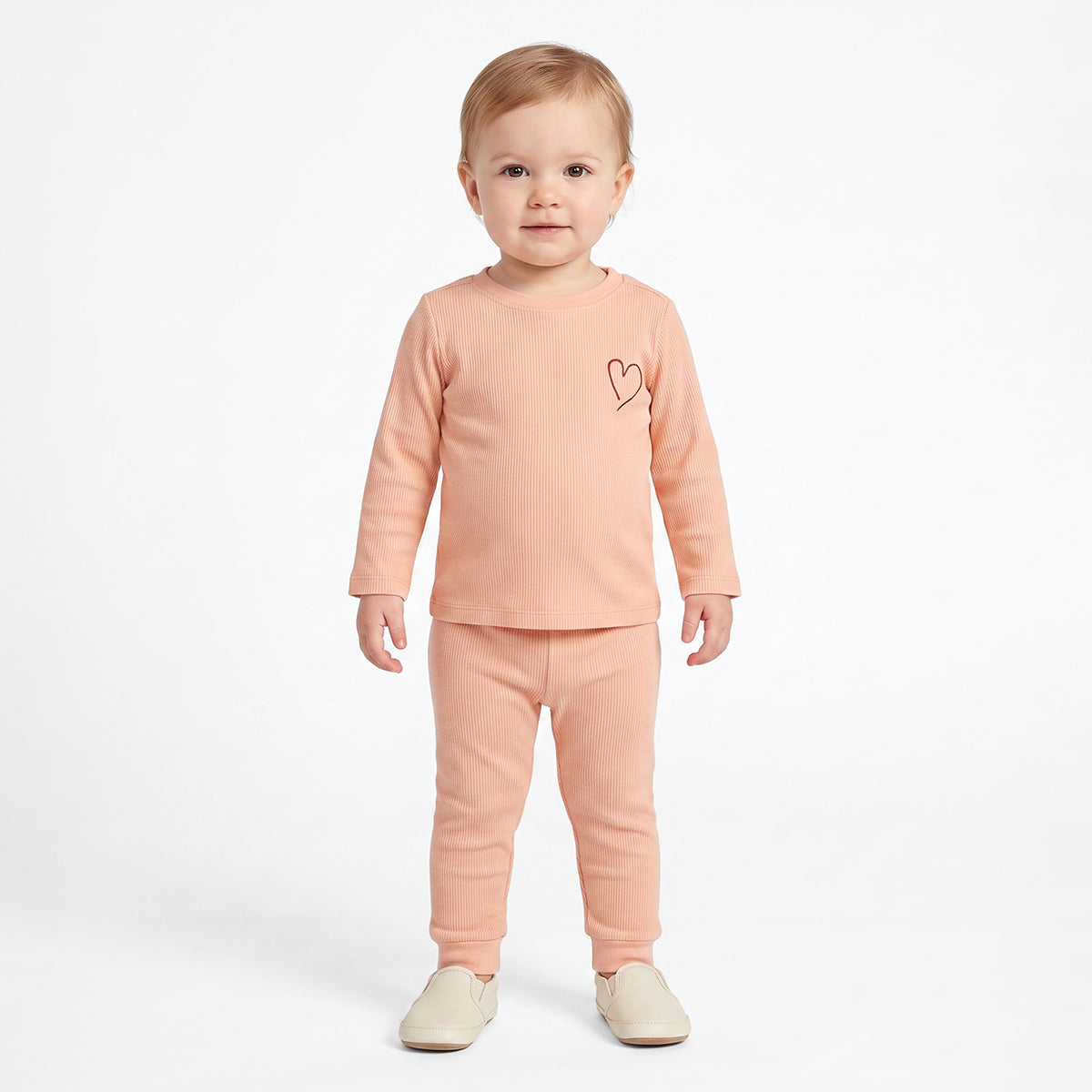 Unisex Baby Peach Cotton Heart Print Top and Bottom Set Regular Fit Casual Kidswear