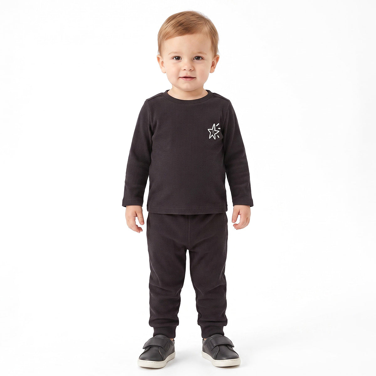 Unisex Baby and Girls Black Cotton Blend Ribbed T Shirt and Joggers
