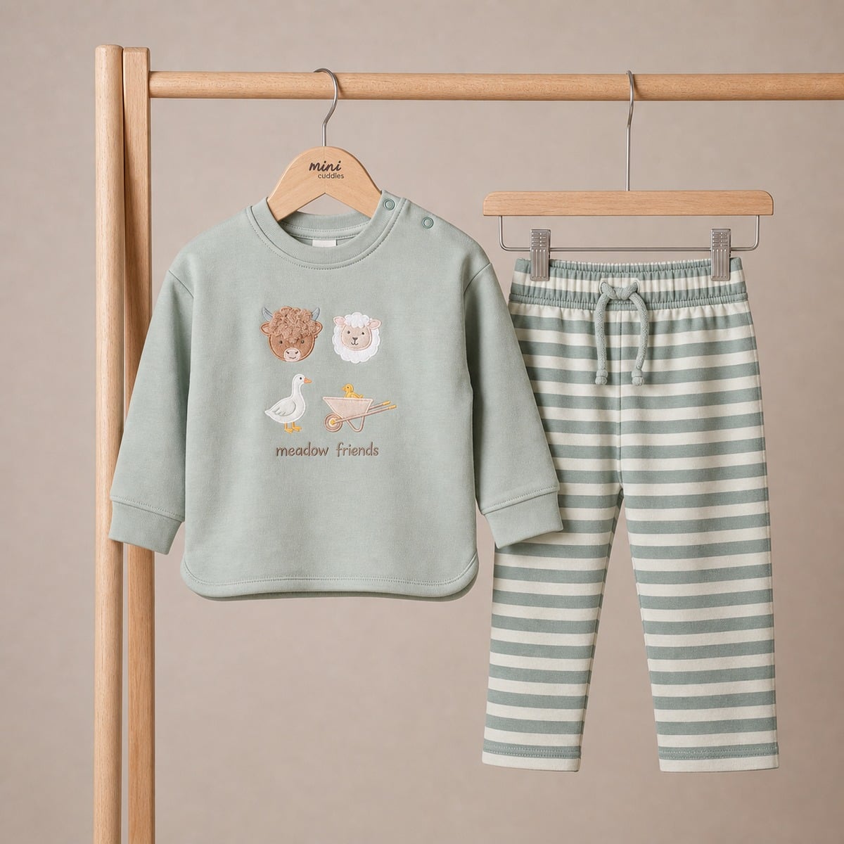 Baby Unisex Sage Green And Cream Cotton Blend Farm Friends Embroidered Top And Bottom Set Regular Fit Casual Wear