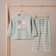 Baby Unisex Sage Green And Cream Cotton Blend Farm Friends Embroidered Top And Bottom Set Regular Fit Casual Wear