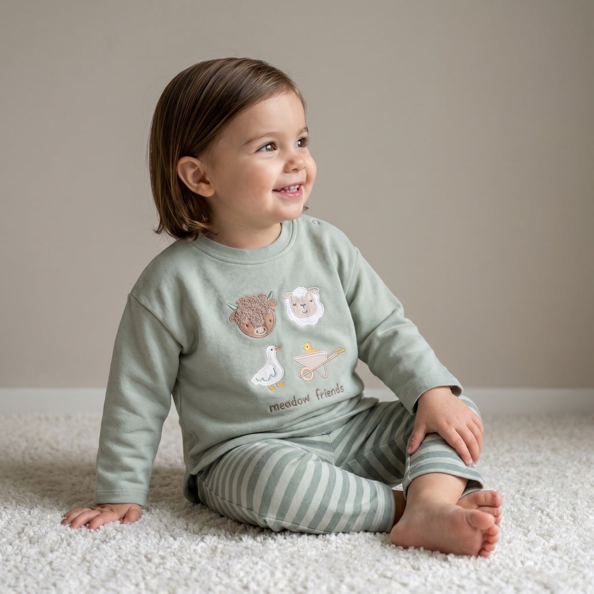 Baby Unisex Sage Green And Cream Cotton Blend Farm Friends Embroidered Top And Bottom Set Regular Fit Casual Wear