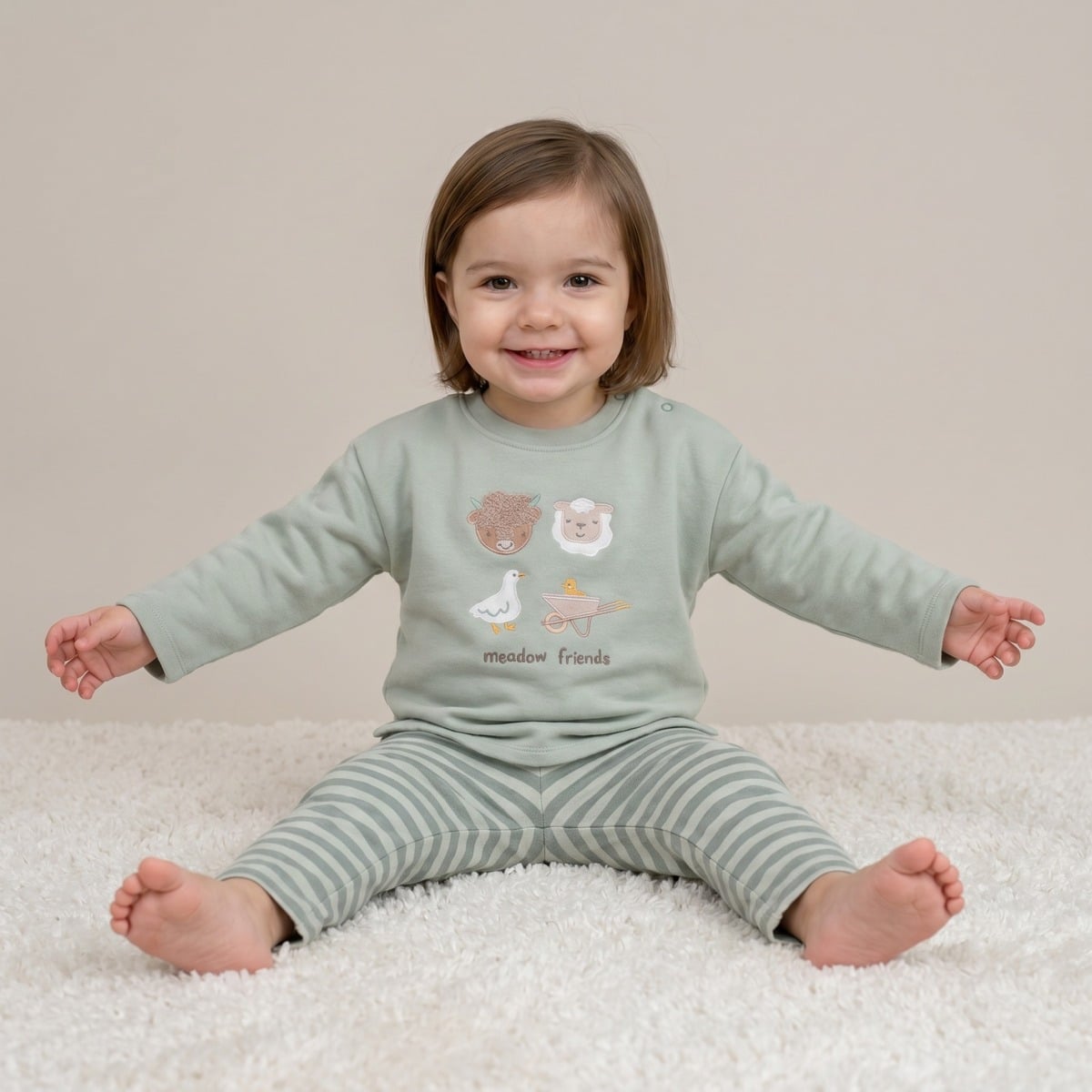 Baby Unisex Sage Green And Cream Cotton Blend Farm Friends Embroidered Top And Bottom Set Regular Fit Casual Wear