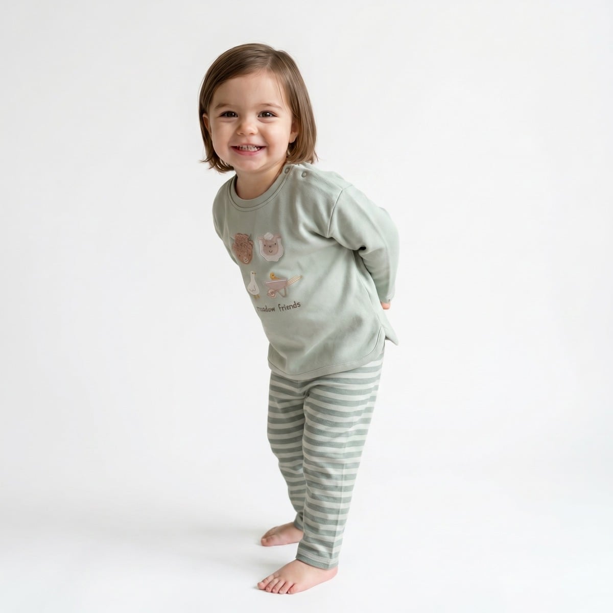 Baby Unisex Sage Green And Cream Cotton Blend Farm Friends Embroidered Top And Bottom Set Regular Fit Casual Wear