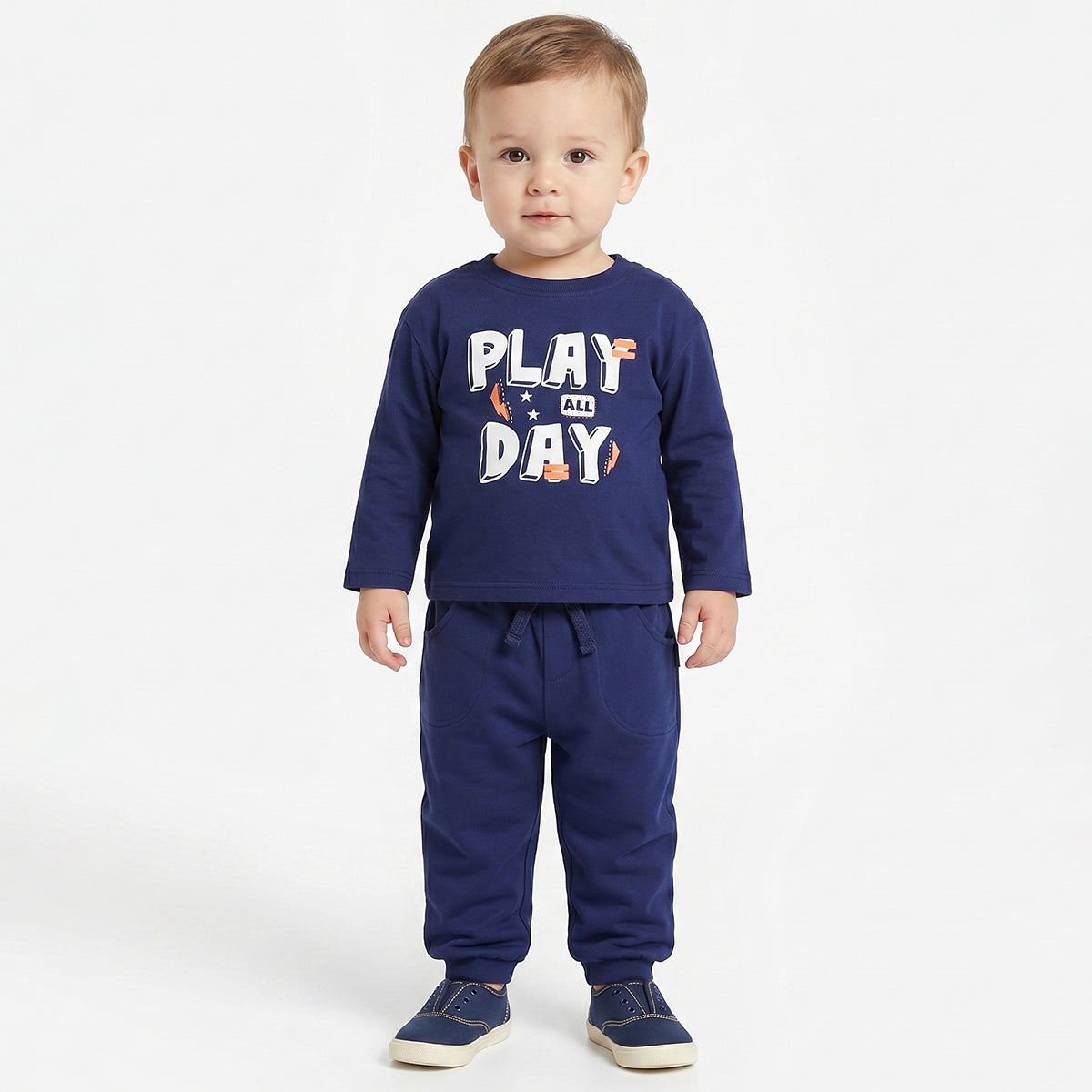 Baby Boys Navy Blue Cotton Printed Full Sleeve T-Shirt Casual Everyday Wear