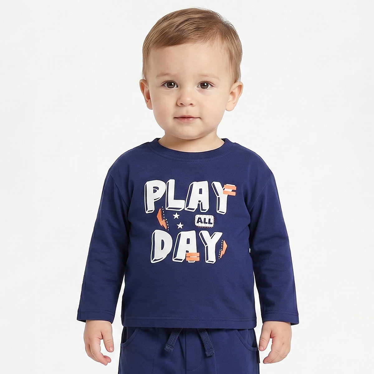 Baby Boys Navy Blue Cotton Printed Full Sleeve T-Shirt Casual Everyday Wear