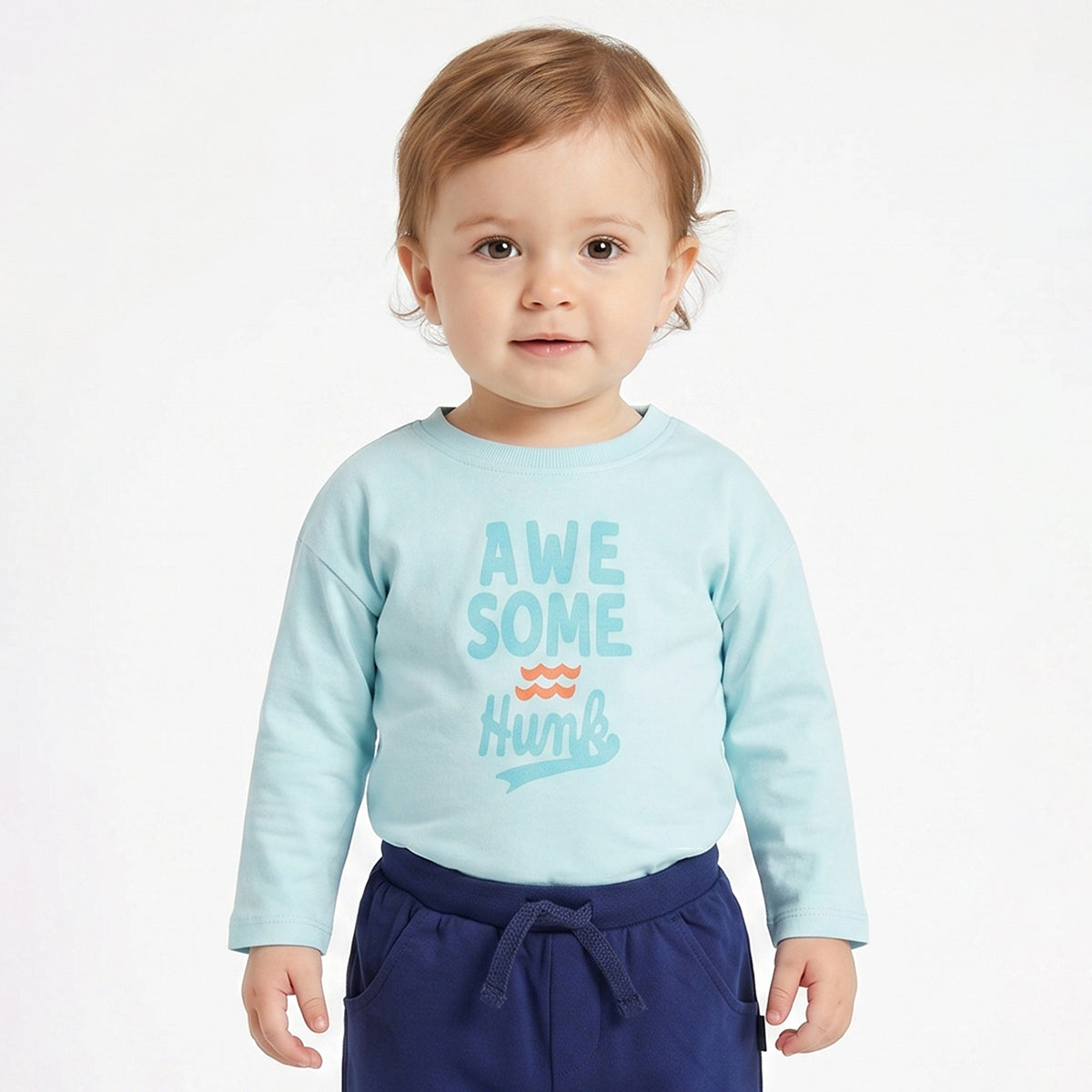 Baby Boys Sky Blue Cotton Printed Full Sleeve T-Shirt Casual Everyday Wear