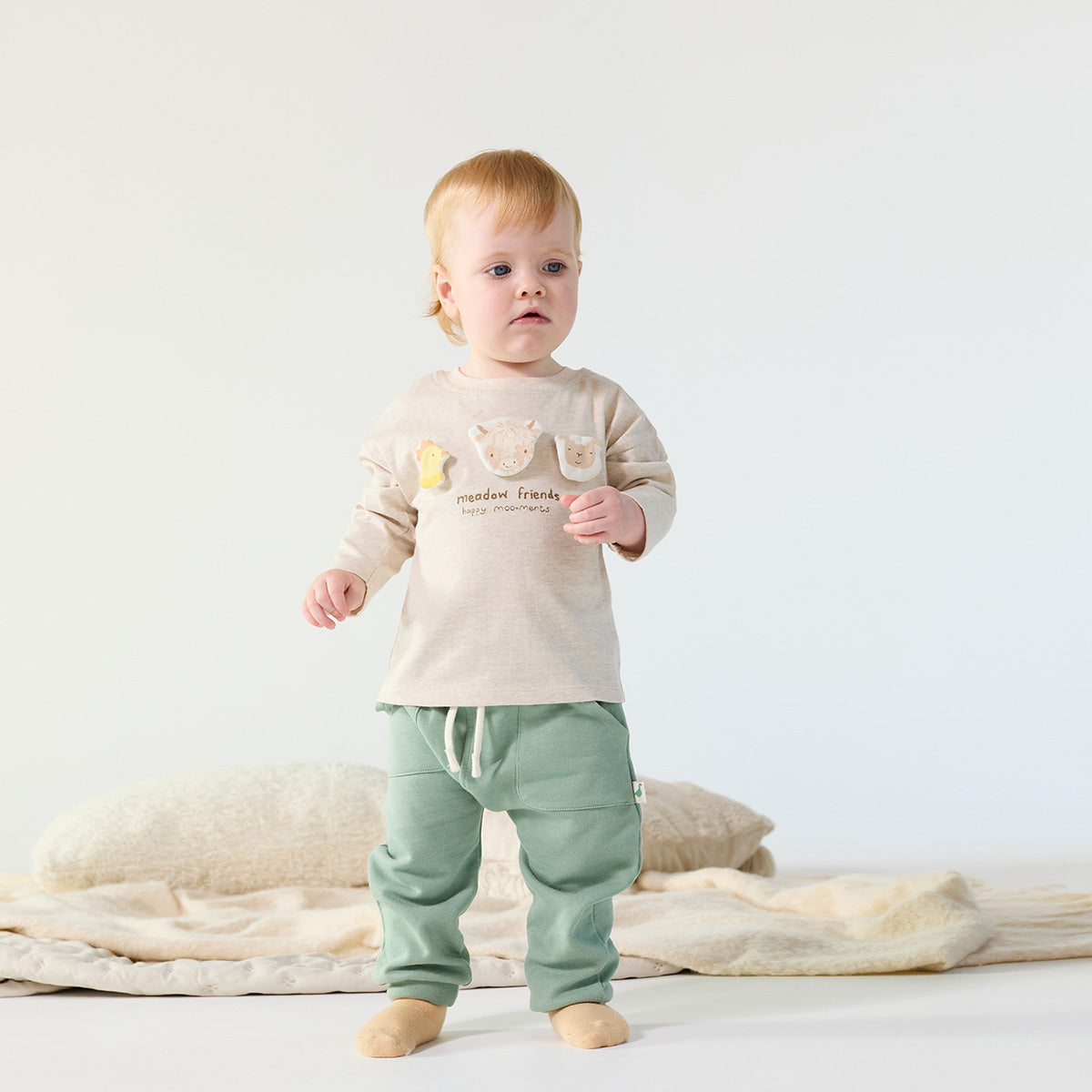 Baby Unisex Beige Cotton Blend Farm Animal Applique Full Sleeve T-Shirt Regular Fit Casual Wear