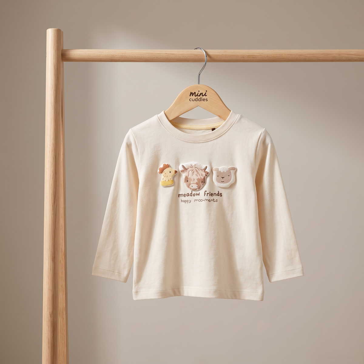 Baby Unisex Beige Cotton Blend Farm Animal Applique Full Sleeve T-Shirt Regular Fit Casual Wear
