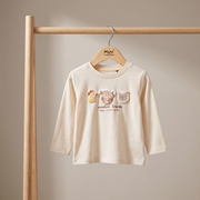 Baby Unisex Beige Cotton Blend Farm Animal Applique Full Sleeve T-Shirt Regular Fit Casual Wear