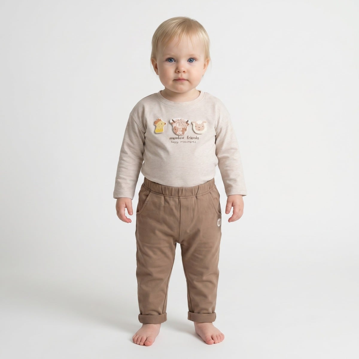 Baby Unisex Beige Cotton Blend Farm Animal Applique Full Sleeve T-Shirt Regular Fit Casual Wear