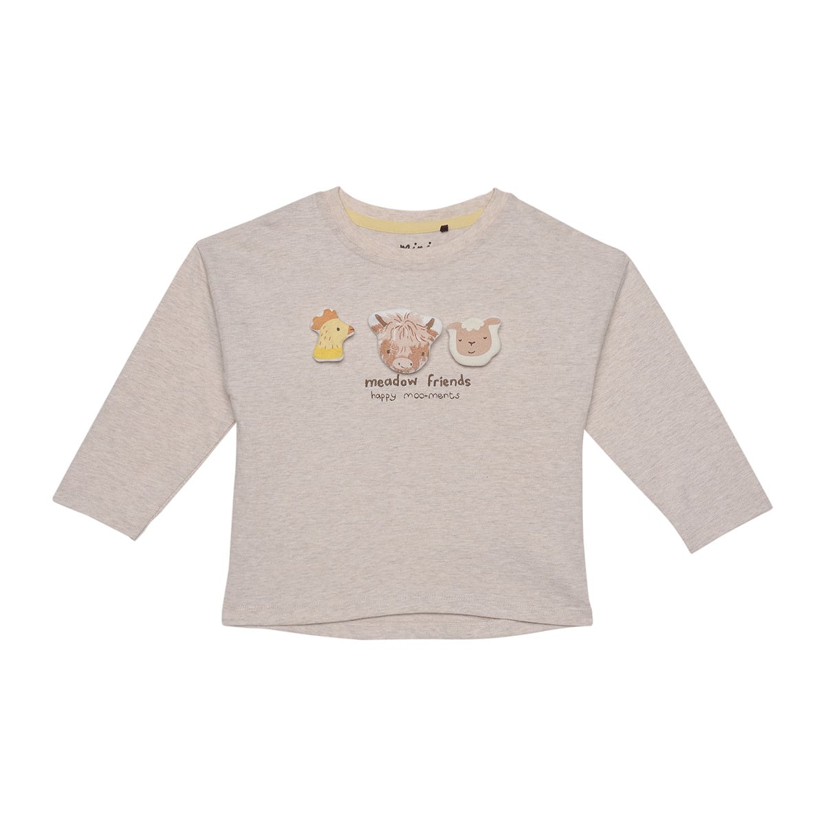 Baby Unisex Beige Cotton Blend Farm Animal Applique Full Sleeve T-Shirt Regular Fit Casual Wear