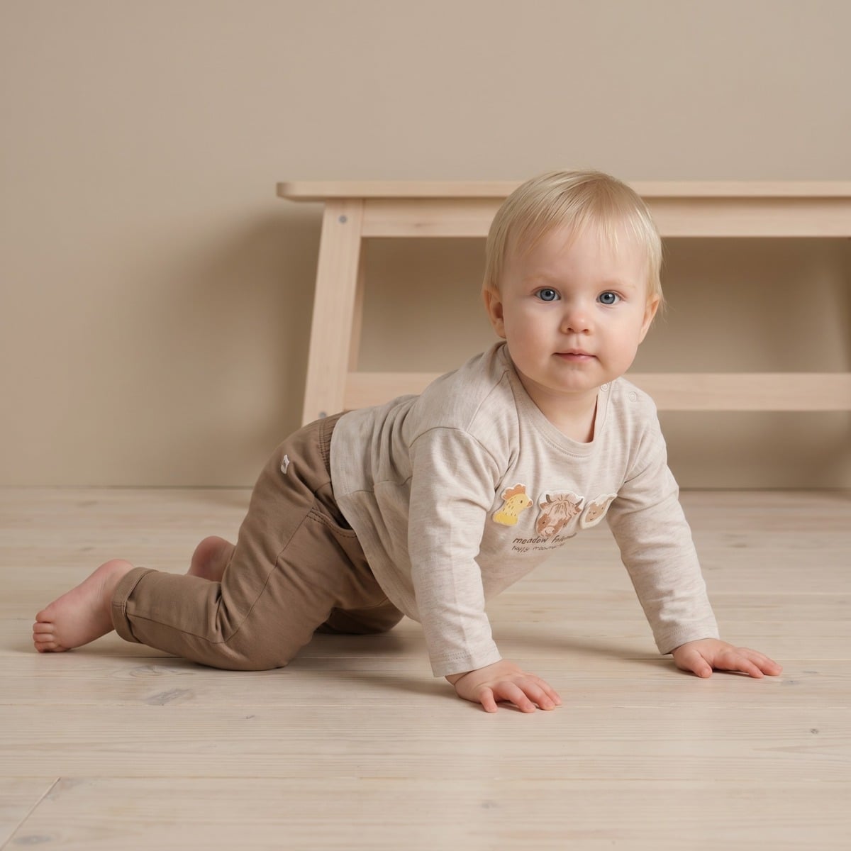 Baby Unisex Beige Cotton Blend Farm Animal Applique Full Sleeve T-Shirt Regular Fit Casual Wear