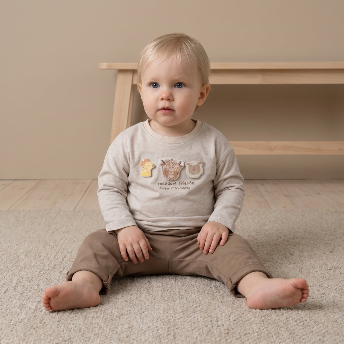Baby Unisex Beige Cotton Blend Farm Animal Applique Full Sleeve T-Shirt Regular Fit Casual Wear