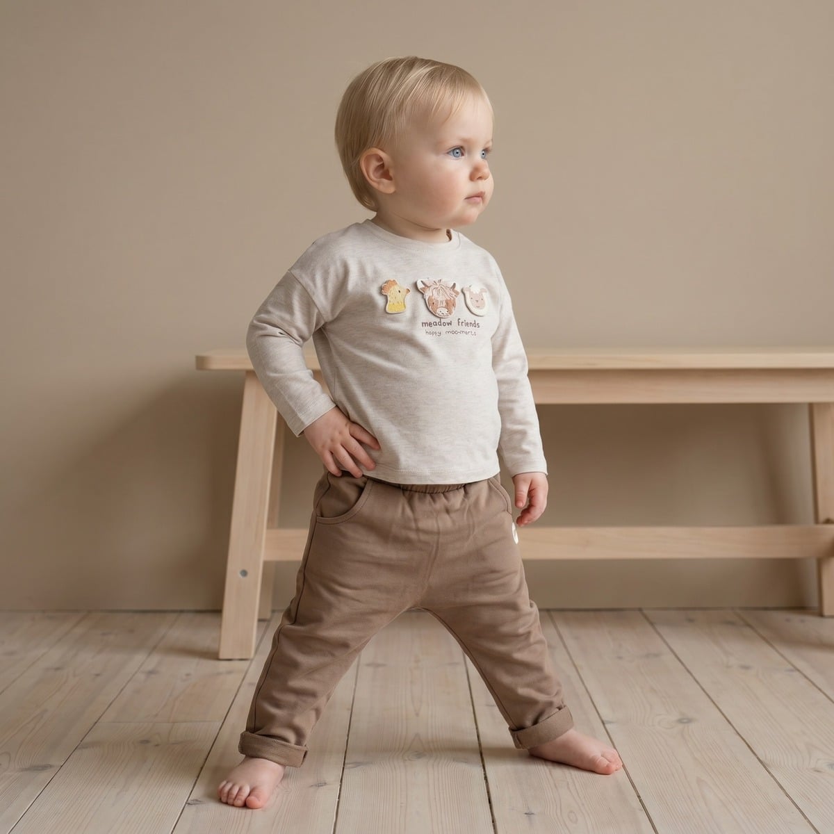 Baby Unisex Beige Cotton Blend Farm Animal Applique Full Sleeve T-Shirt Regular Fit Casual Wear