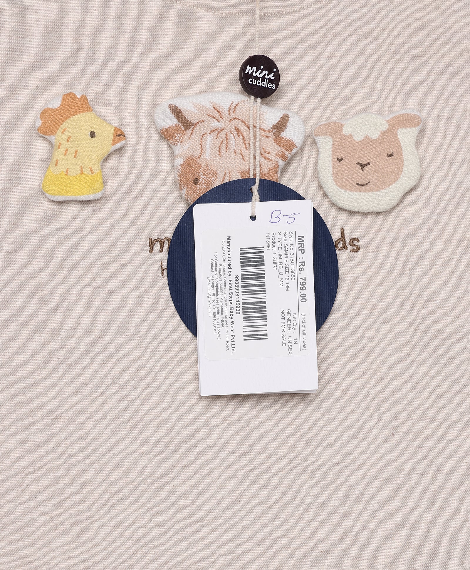 Baby Unisex Beige Cotton Blend Farm Animal Applique Full Sleeve T-Shirt Regular Fit Casual Wear