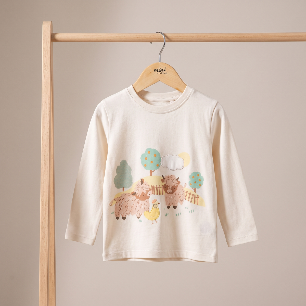 Baby Unisex Cream Cotton Blend Farm Animal Printed And Embroidered Full Sleeve T-Shirt Regular Fit Casual Wear