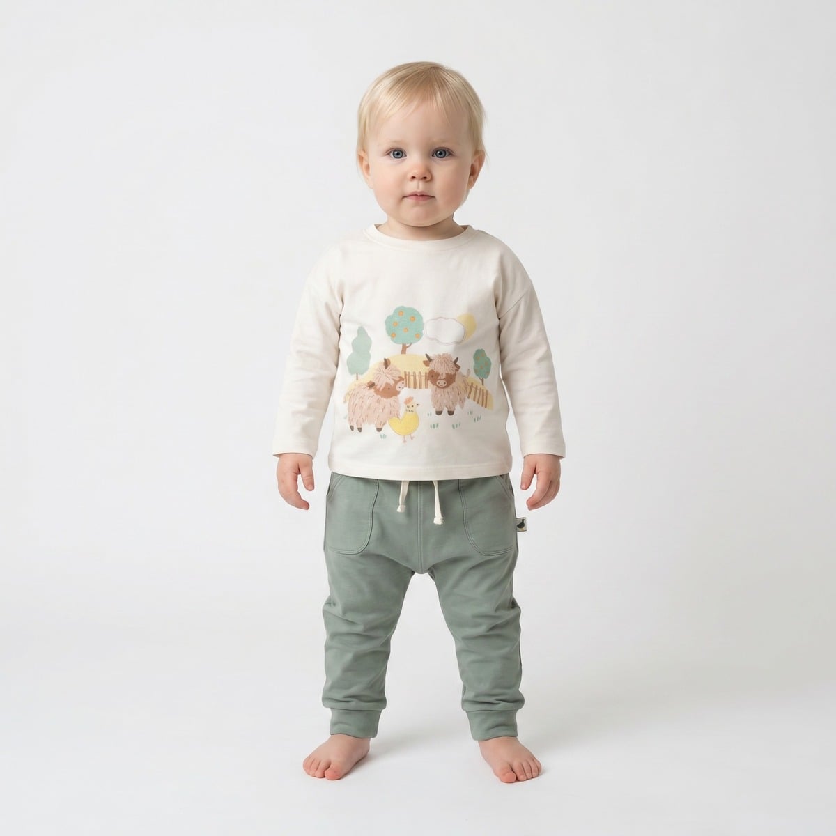 Baby Unisex Cream Cotton Blend Farm Animal Printed And Embroidered Full Sleeve T-Shirt Regular Fit Casual Wear
