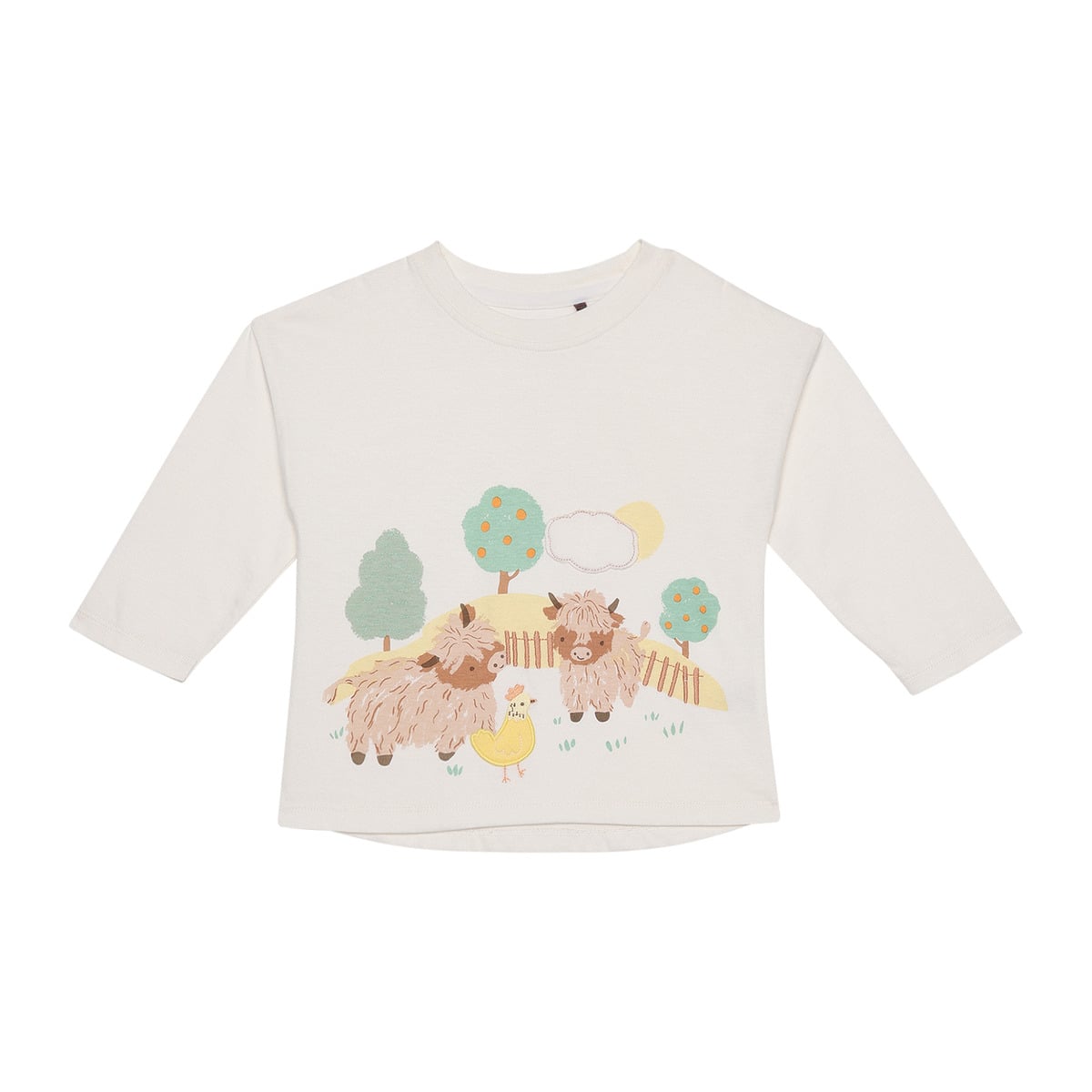Baby Unisex Cream Cotton Blend Farm Animal Printed And Embroidered Full Sleeve T-Shirt Regular Fit Casual Wear