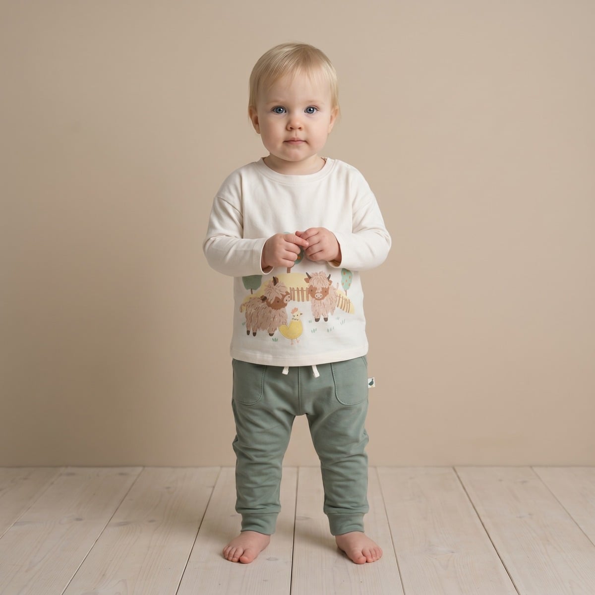Baby Unisex Cream Cotton Blend Farm Animal Printed And Embroidered Full Sleeve T-Shirt Regular Fit Casual Wear