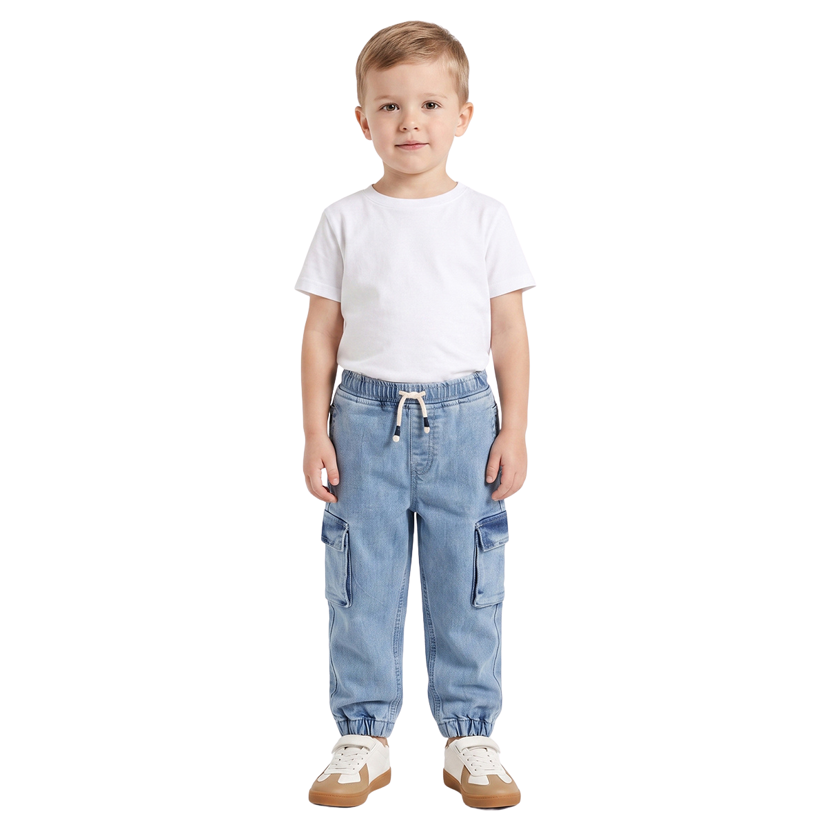 Baby Boys Light Blue Cotton Blend Solid Denim Cargo Pant Regular Fit