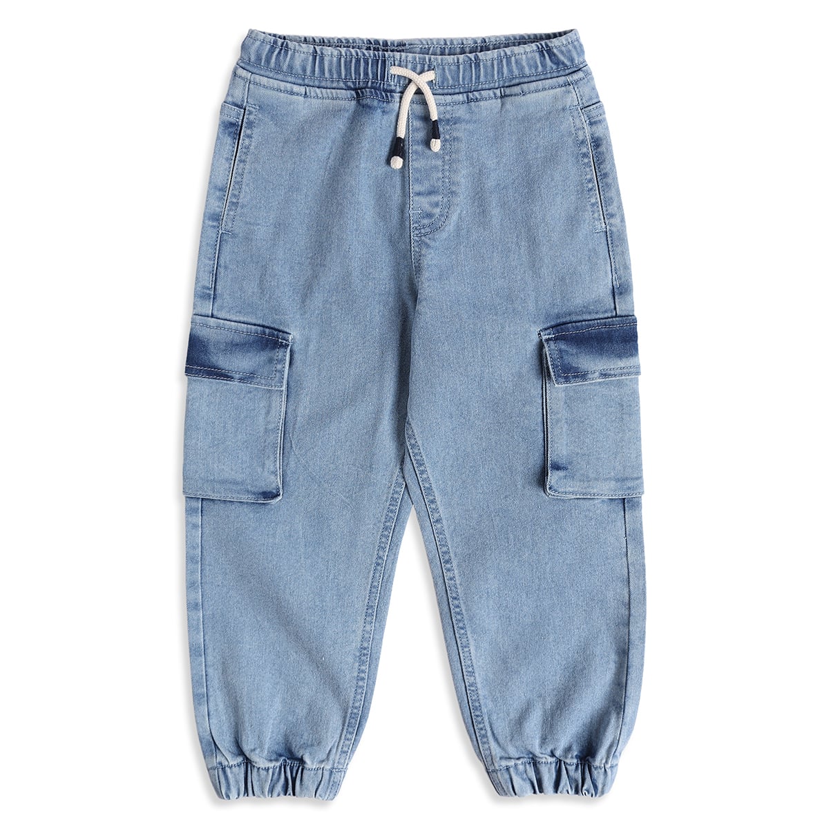 Baby Boys Light Blue Cotton Blend Solid Denim Cargo Pant Regular Fit Casual Wear