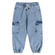 Baby Boys Light Blue Cotton Blend Solid Denim Cargo Pant Regular Fit Casual Wear