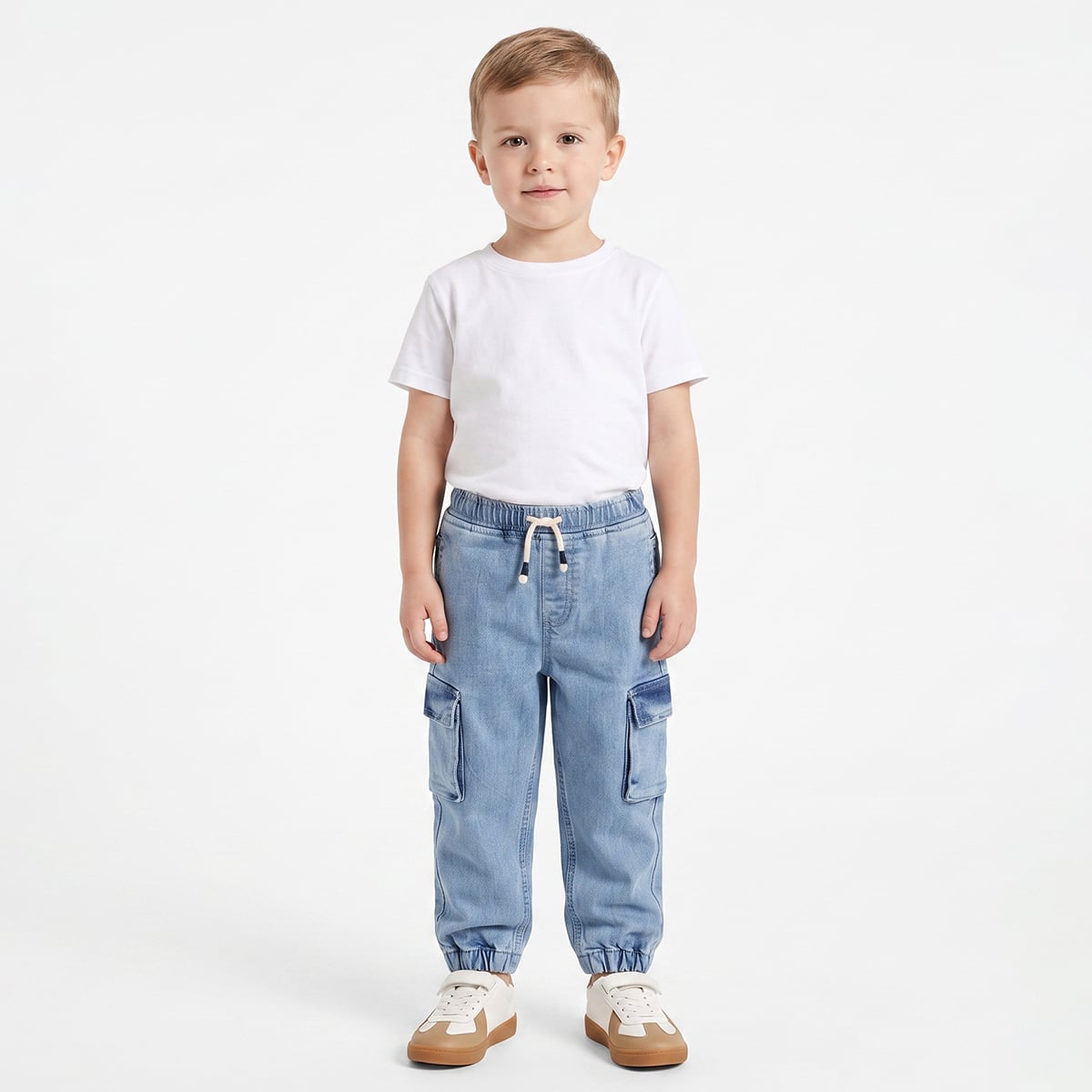 Baby Boys Light Blue Cotton Blend Solid Denim Cargo Pant Regular Fit Casual Wear