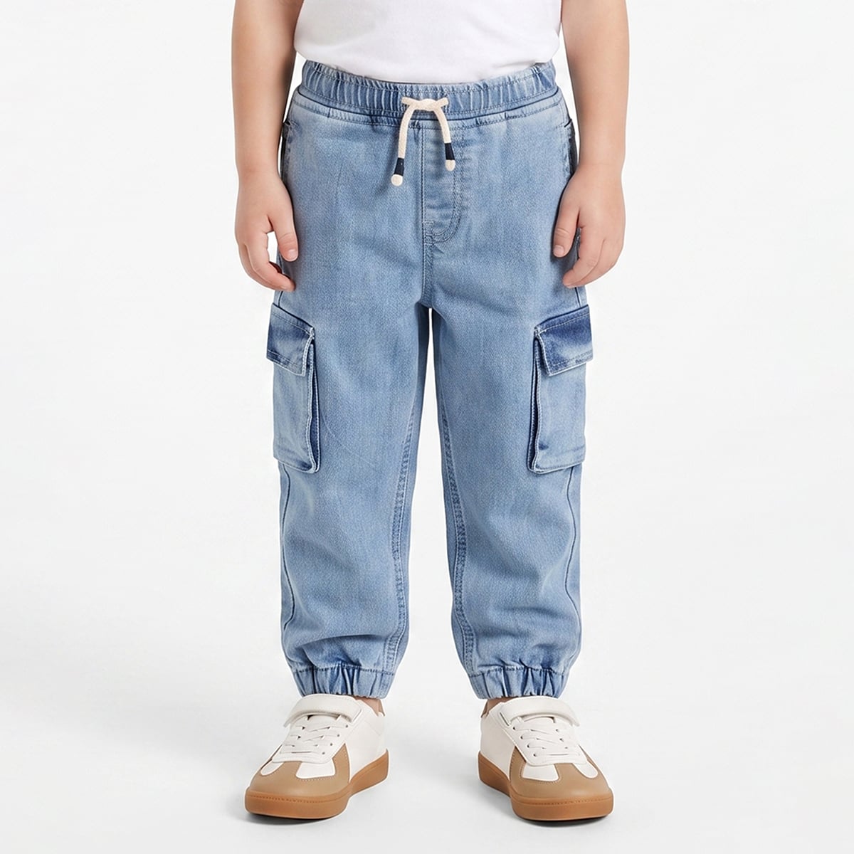 Baby Boys Light Blue Cotton Blend Solid Denim Cargo Pant Regular Fit Casual Wear