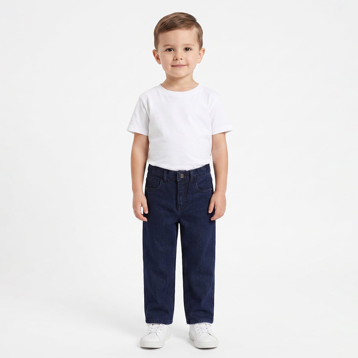 Baby Boys Dark Blue Cotton Blend Solid Denim Pant Regular Fit Casual Wear