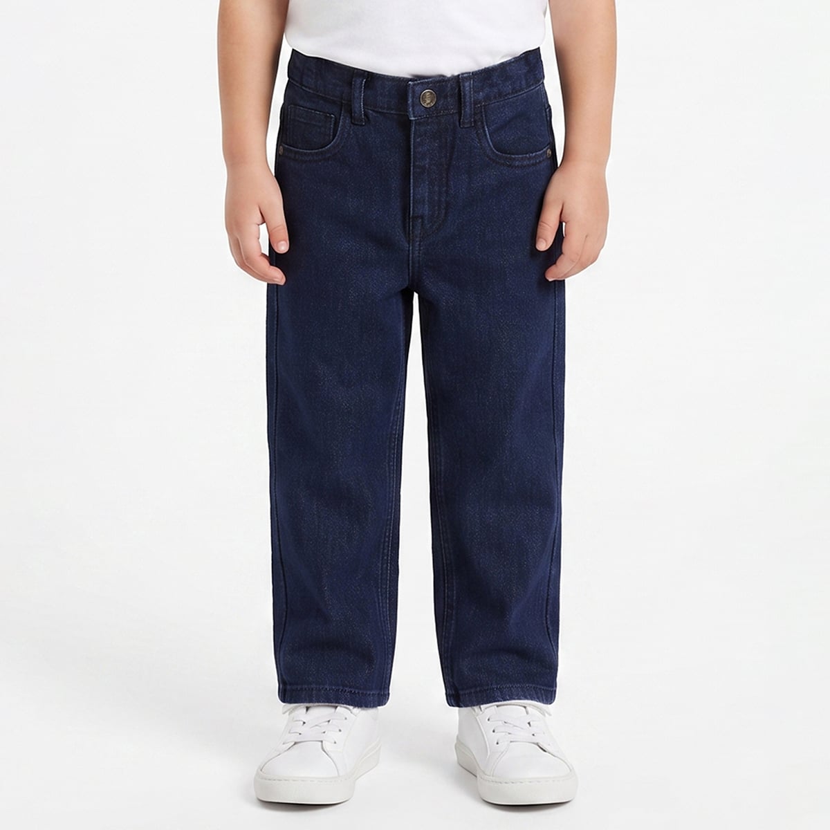 Baby Boys Dark Blue Cotton Blend Solid Denim Pant Regular Fit Casual Wear