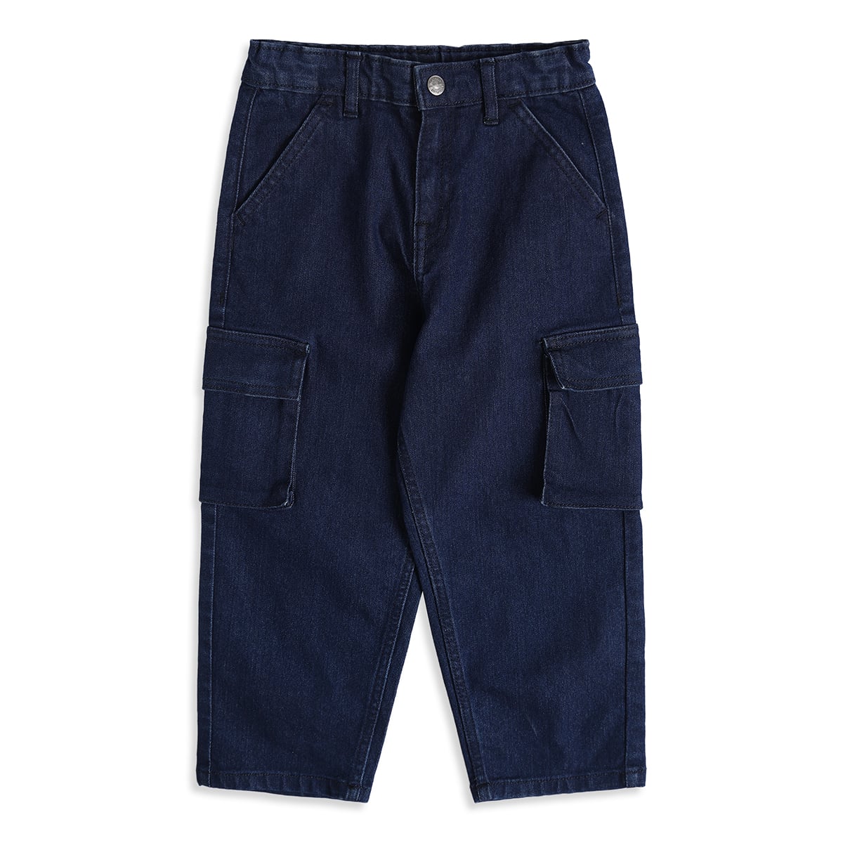 Baby Boys Dark Blue Cotton Blend Solid Denim Cargo Pant Regular Fit Casual Wear