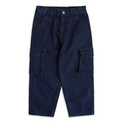 Baby Boys Dark Blue Cotton Blend Solid Denim Cargo Pant Regular Fit Casual Wear