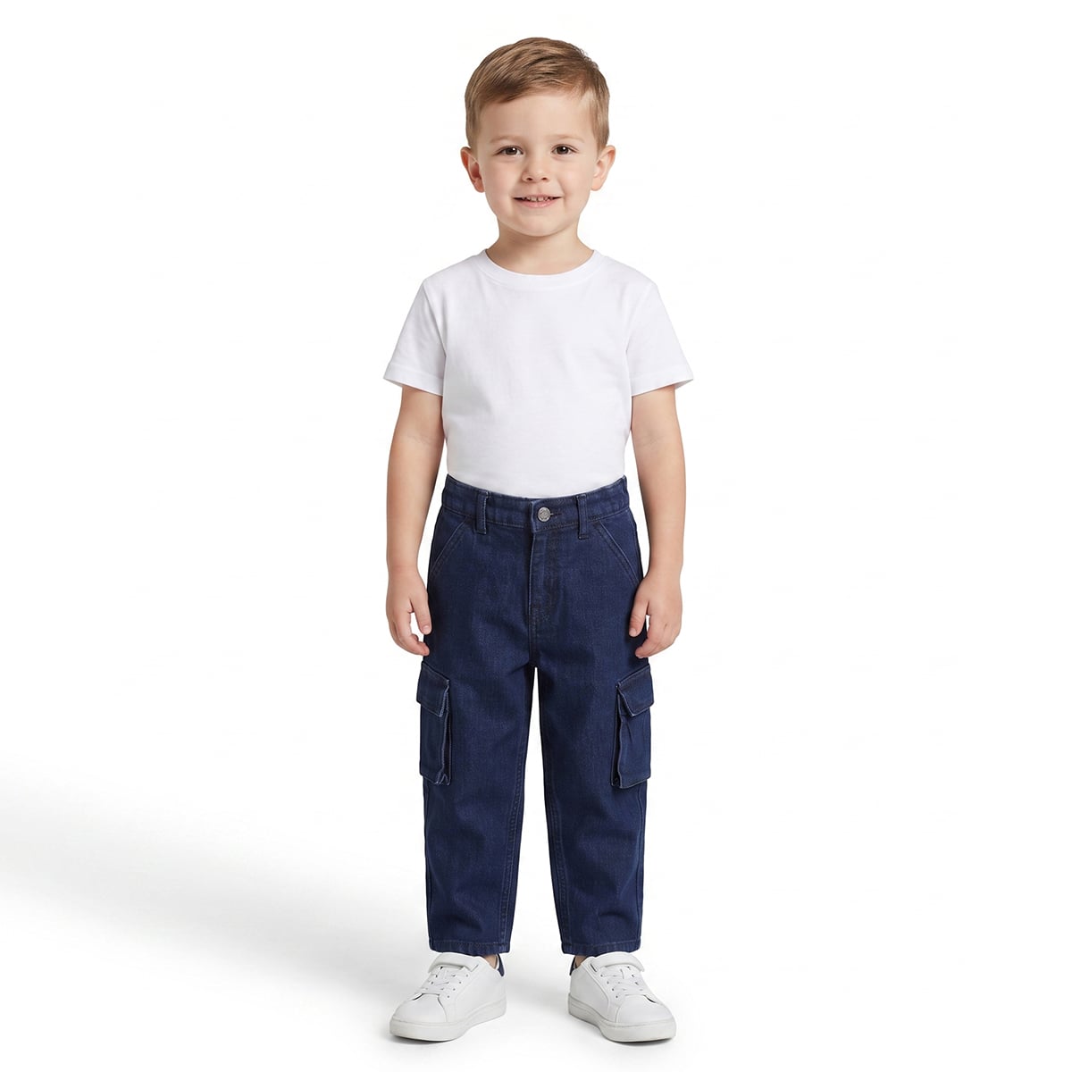 Baby Boys Dark Blue Cotton Blend Solid Denim Cargo Pant Regular Fit Casual Wear