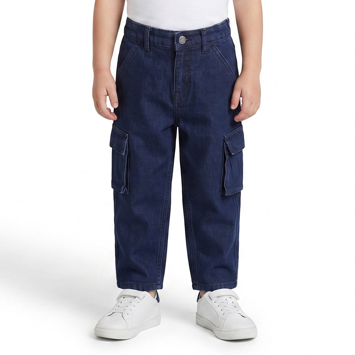 Baby Boys Dark Blue Cotton Blend Solid Denim Cargo Pant Regular Fit Casual Wear