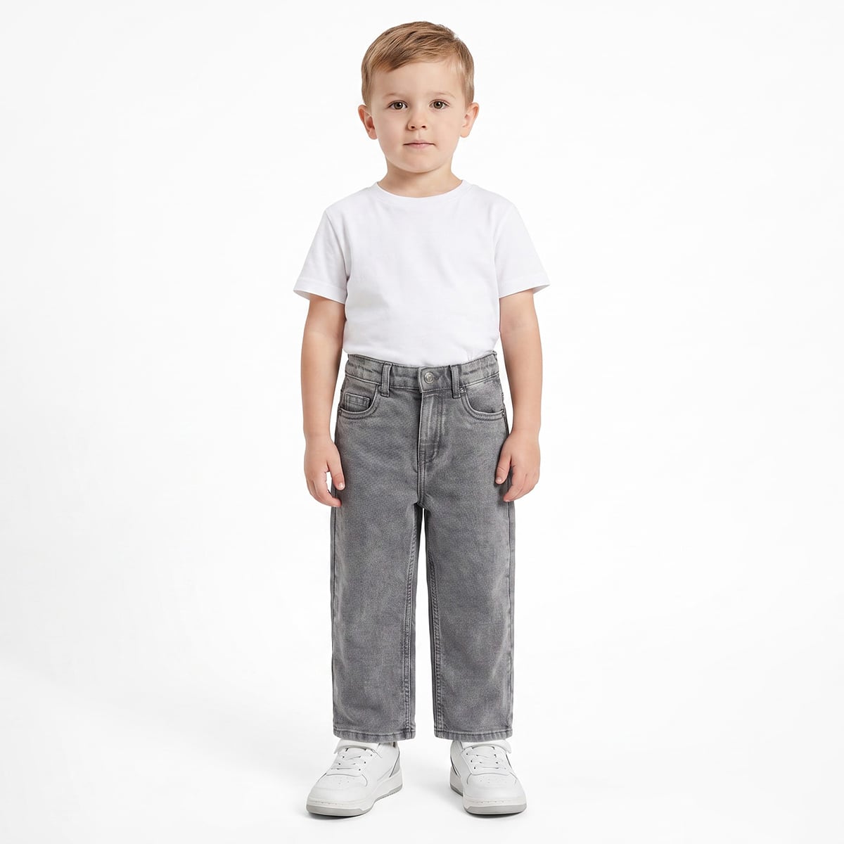 Baby Boys Grey Cotton Blend Washed Denim Pants Regular Fit Casual Wear