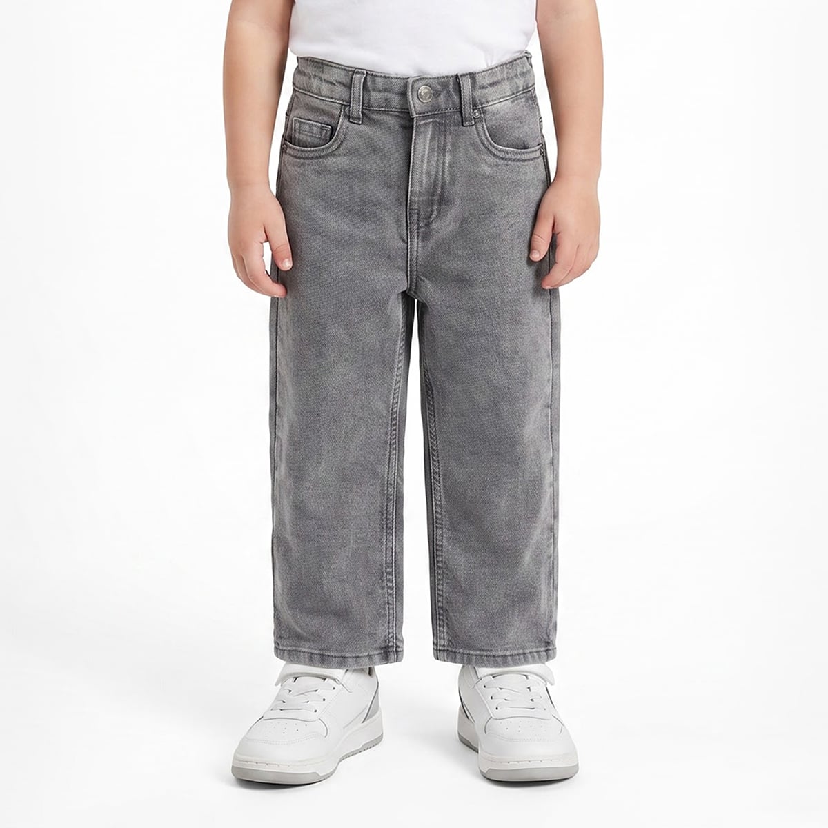 Baby Boys Grey Cotton Blend Washed Denim Pants Regular Fit Casual Wear